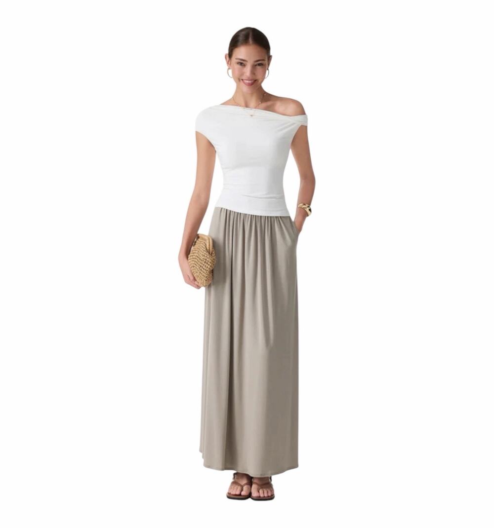 OGL Alabaster Maxi Skirt Tencel European Linen Flowy NWT Large Elevated Neutral